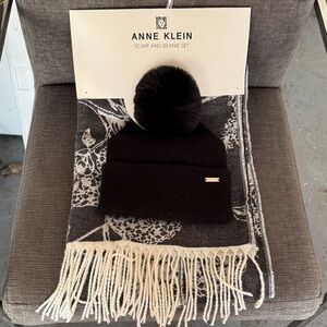 Anne Klein Black and White Scarf and Beanie Set